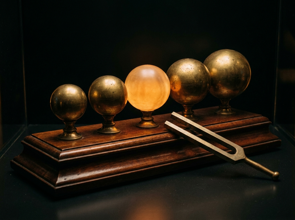 Antique brass resonator apparatus with one sphere glowing amber