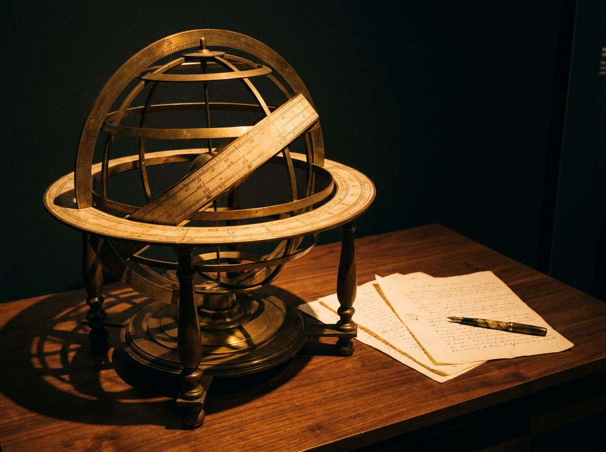 Antique brass armillary sphere on a walnut desk beside handwritten notes